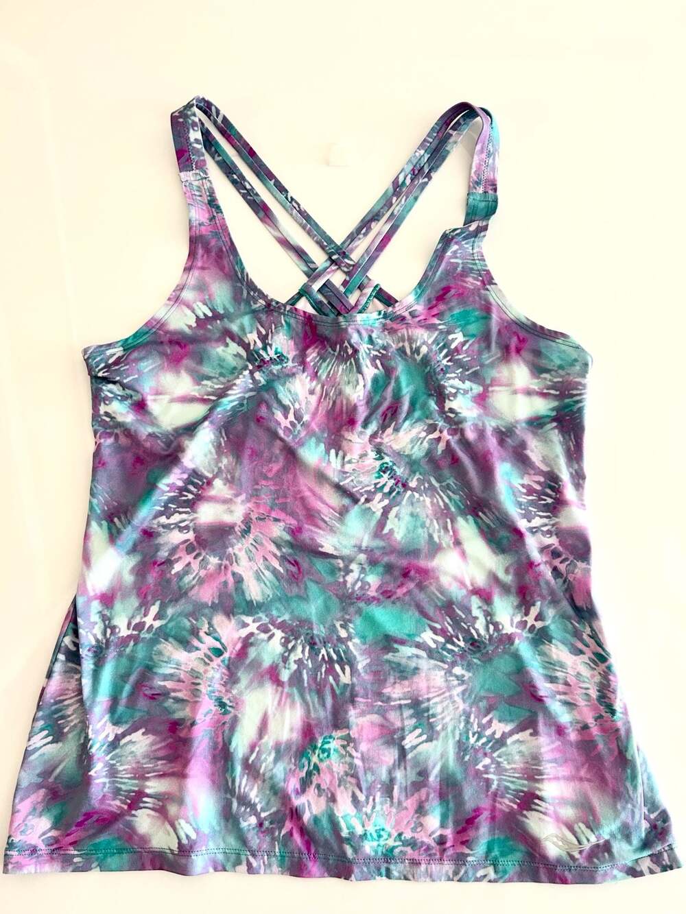 Saucony Women's Strappy Cross Back Performance Tank Top Purple Teal Tie Dye Larg
